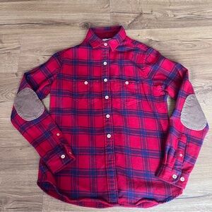 Guideboat Co Red Feather Flannel Plaid Shirt Elbow Patches Soft Wash Size S